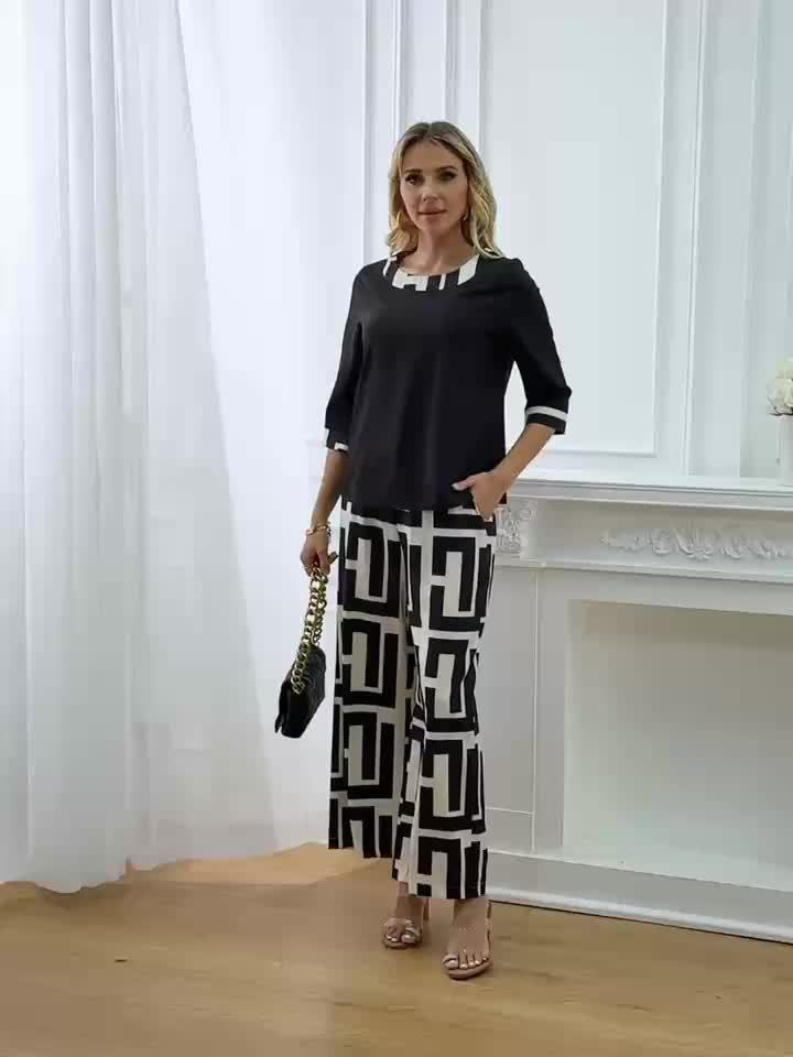 Women's Elegant Spliced Round Neck Top + Geometric Print Wide-Leg Pants Two-Piece Set