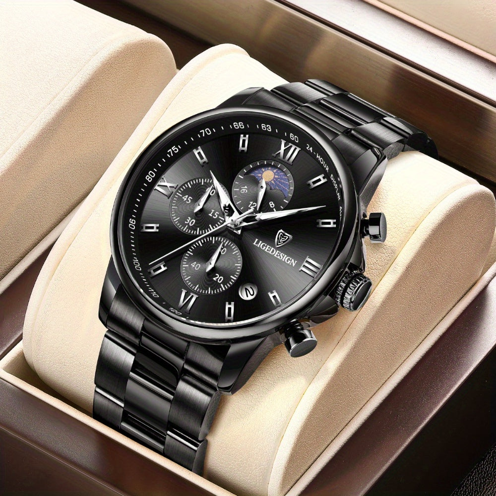 LIGE Black Blue Quartz Watch with Calendar, Exquisite & Simple Dial Stainless Steel Strap Multiple Colors High-quality Wrist Watch