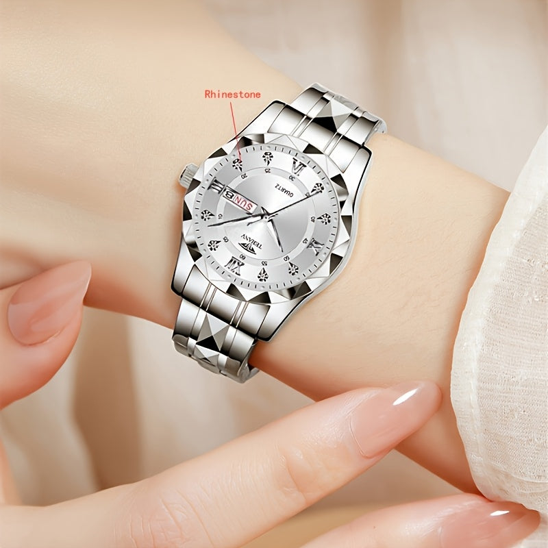 1pc Women's Stainless Steel Watch with Luminous Blue Dial, Date & Day Display, High Quality IPX7, Quartz Movement - Casual Elegant Design for Sports & Travel, Birthday Holiday Gift, Casual Attire, Secure Clasp Wristwatch