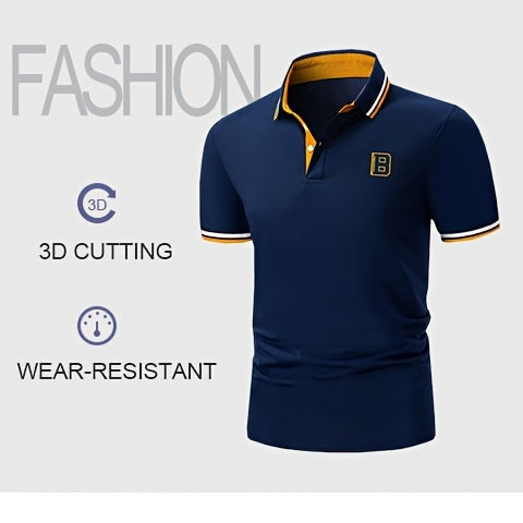 Men's Trendy Simple Letter Print Color Block Short Sleeve Button Up Lapel Shirt For Summer Daily, Golf Shirt