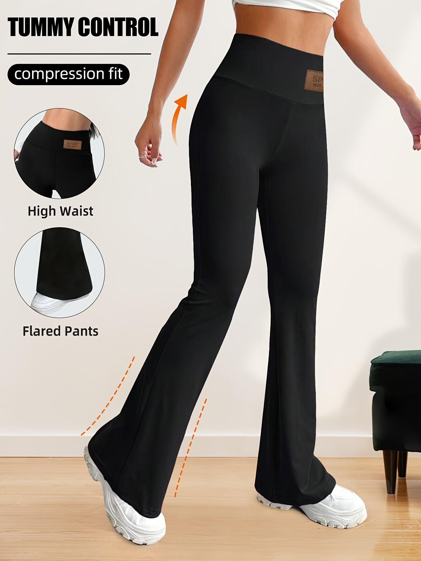 High-Waisted Flared Leggings for Women - Stretchy Black Polyester Pants with Tummy Control, Slimming Fit, and Breathable Design for Spring/Summer/Fall Casual Wear, Spring Summer Leggings | Fitted Leggings | Elastic Waistband