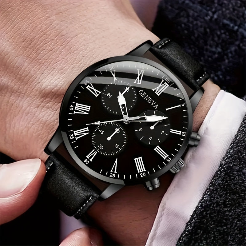 1pc Fashionable Men'S Quartz Watch, Large Dial, Zinc Alloy Case, Round Dial, Faux Leather Strap, Battery Powered, Electronic Drive, Non-rechargeable Button Battery, Business Style Wristwatch (Watch Box Not Included)