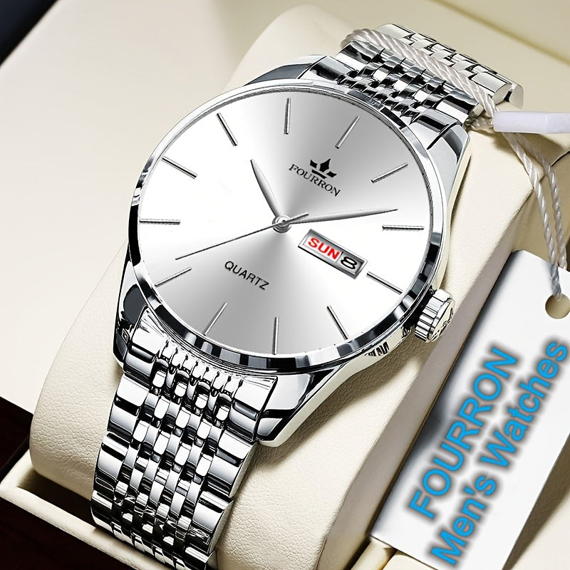 An Ideal Choice For A New FOURRON Brand Men's Luxury Stainless Steel Strap Simple Dial Quartz Watch With Date Calendar, Trendy Fashion Sports Casual Lifestyle Travel Multi-function Watch, Ideal For Friends' Birthdays, Holiday