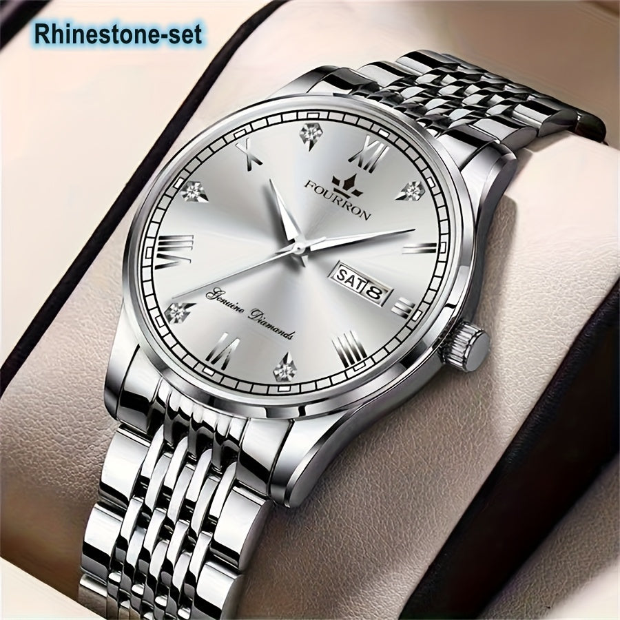 1pc Elegant Rhinestone-Set Stainless Steel Bracelet Watch for Men - Quartz, Date & Calendar Display, Glow-in-the-Dark Hands, Waterproof, Business Casual Style, Ideal Gift for Birthdays & Holidays, Casual Accessory | Elegant W