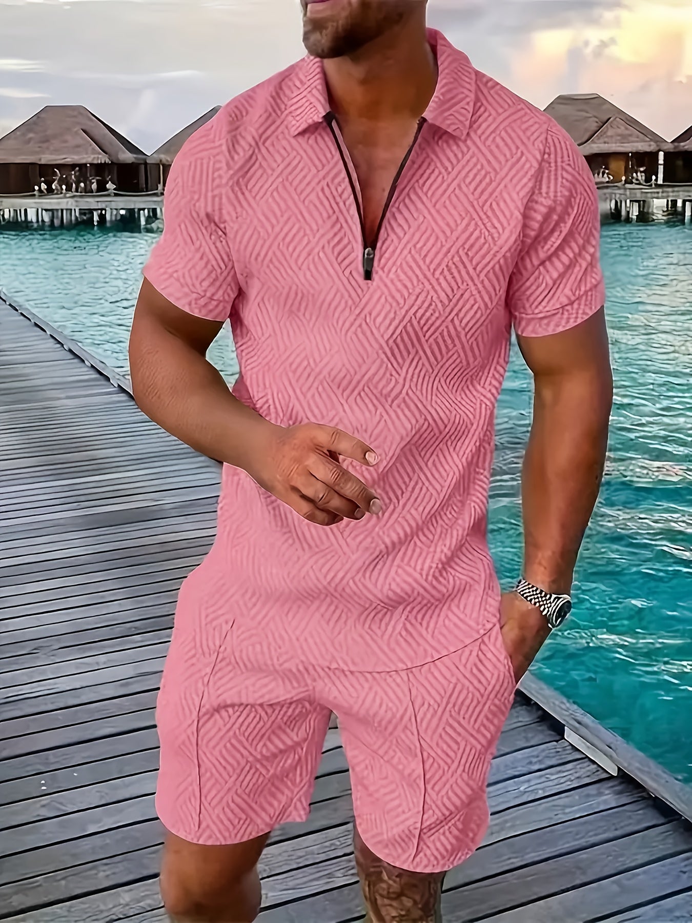 Men'S Tropical Print Casual Suit - Black Short Sleeve Zipper Shirt with White Pockets Shorts, Polyester, Machine Washable, Summer Beachwear, Summer Wear | Relaxed Fit Shirt | Woven Texture
