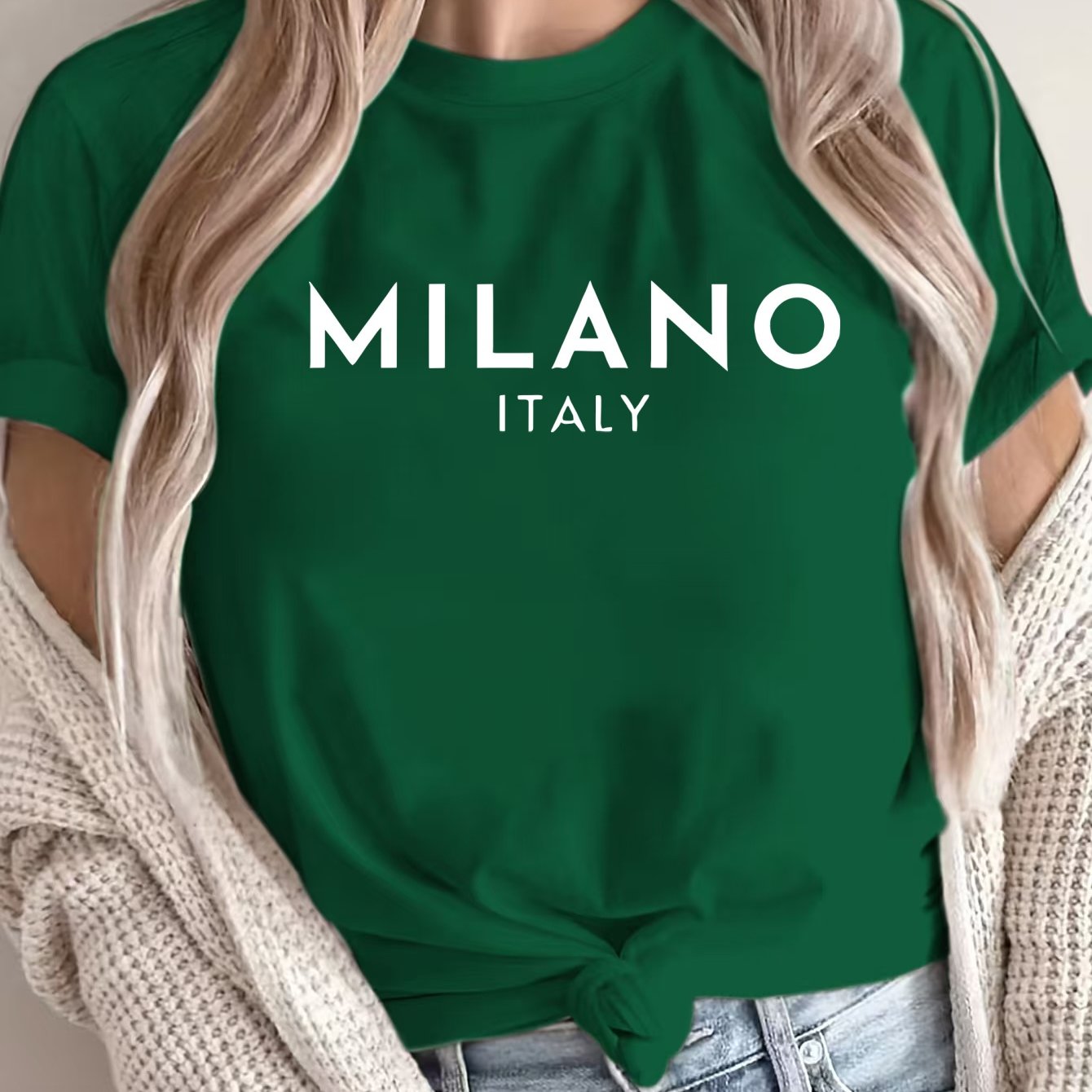 Women'S Casual Polyester T-Shirt with "Milano Italy" Letter Print, Short Sleeve Crew Neck Top, All-Season Knit Fabric Tee, Regular Length - 180gsm