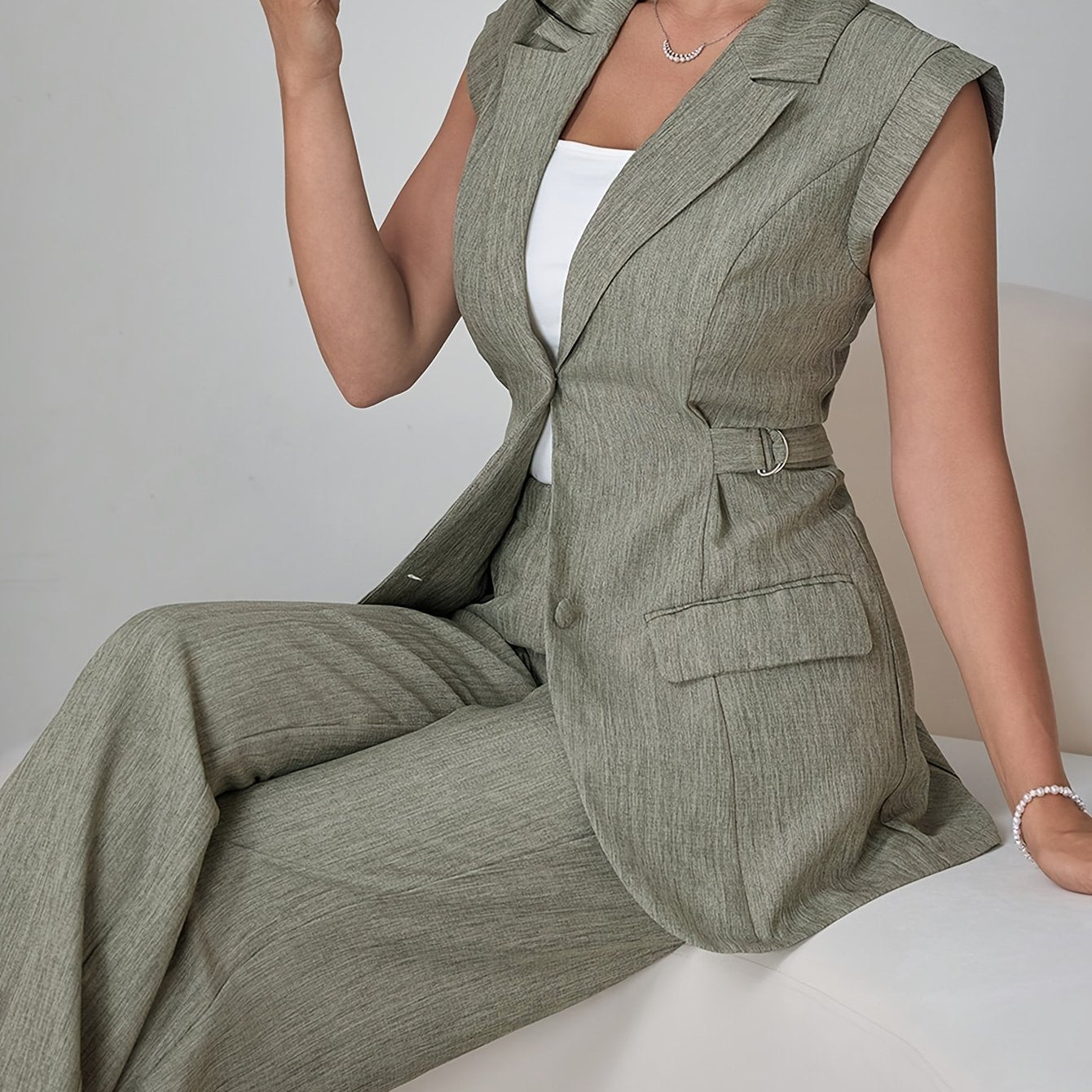 Stylish Women'S Elegant Modern Two-Piece Set with Side-Waist Design, Solid Color Sleeveless Jacket and Pants for Spring/Summer