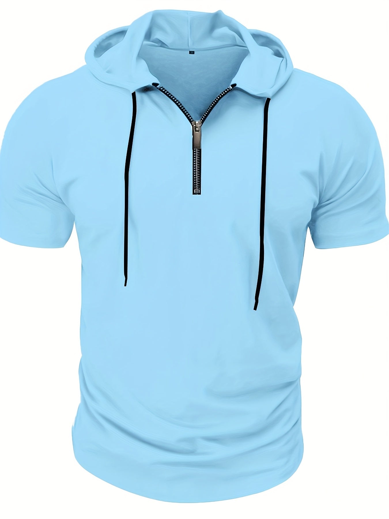 1pc Men's Light Blue Casual Hooded Short Sleeve T-Shirt with 1/4 Zipper, Breathable Stretch Fabric for Gym, Outdoor & Summer Wear, Gym Apparel, Stylish Contrast Detailing, Comfortable Fit