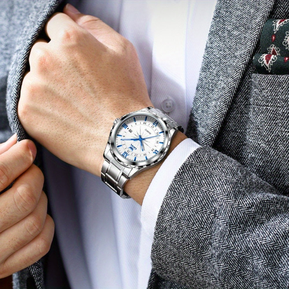Elegant Luxury Men's Watch with Night Light, Roman Numerals & Date Display - Quartz Movement Stainless Steel Band for Business Casual & Formal Occasions