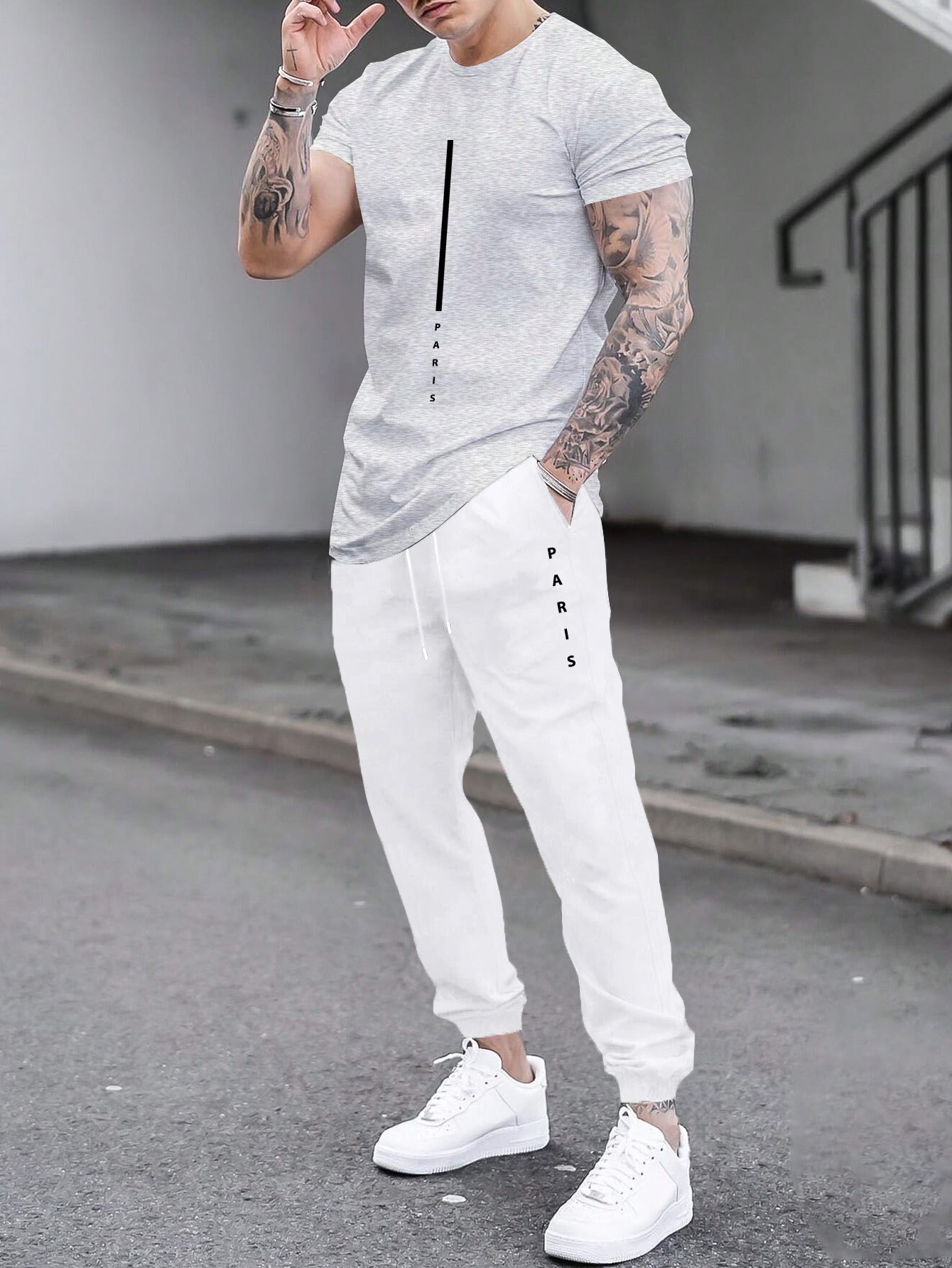 1set Men'S Casual Sportswear Set, Geometric Pattern Short Sleeve T-Shirt and Drawstring Joggers, Knitted Polyester and Elastane Blend, Round Neck, Regular Fit, Four Seasons Outfit