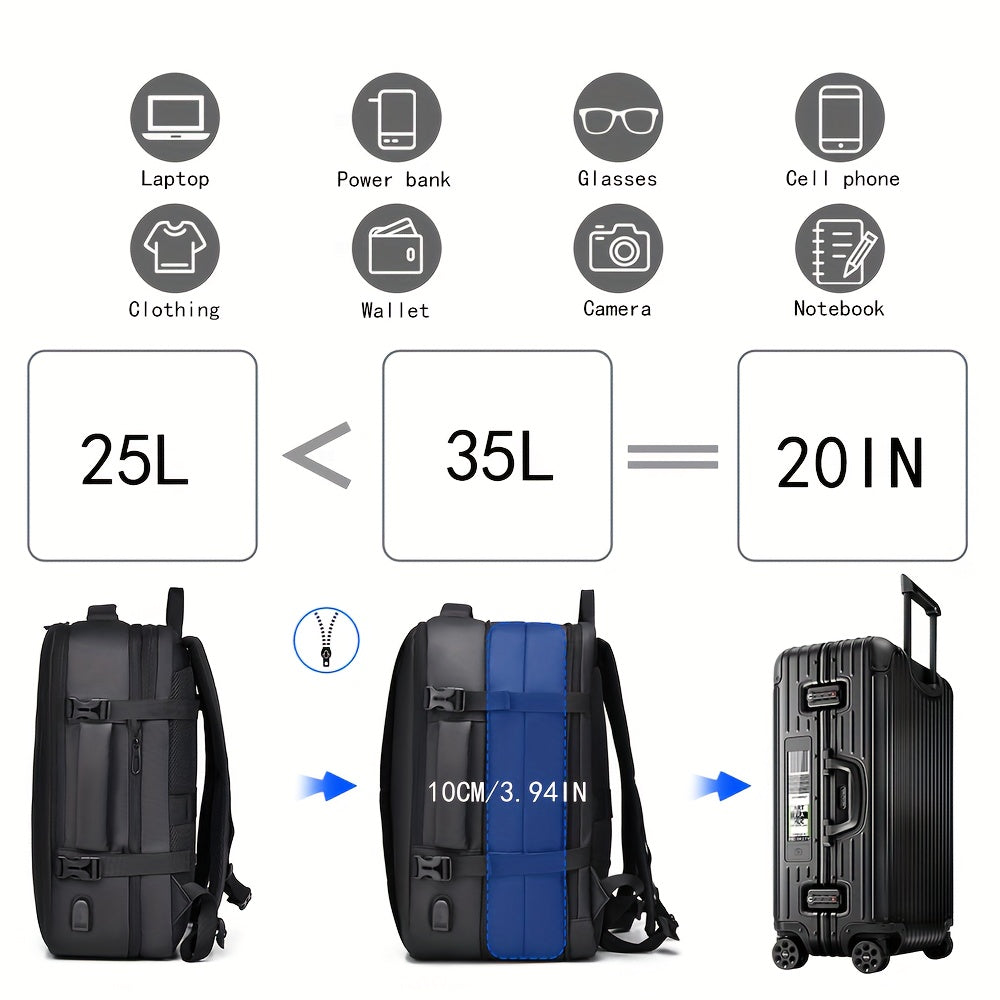 1pc HUABUPS Expandable Travel Backpack with USB Charging Port, 39.62 cm Laptop Backpack for Men & Women, High Quality Business Commuter Backpack with Multiple Compartments, Dilation Design & Padded Straps - Ideal Gift for Chr