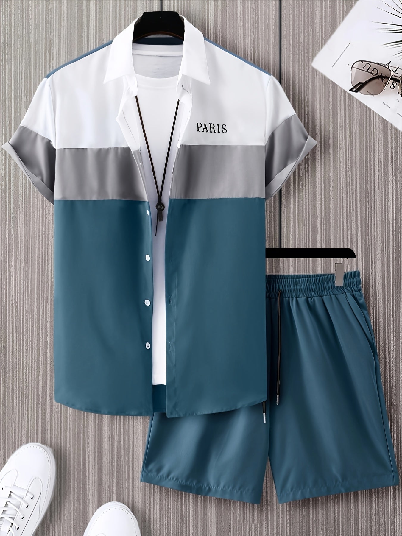 Men'S Letter Color Block Short Sleeve Shirt Shorts Casual Suit 2pcs Set