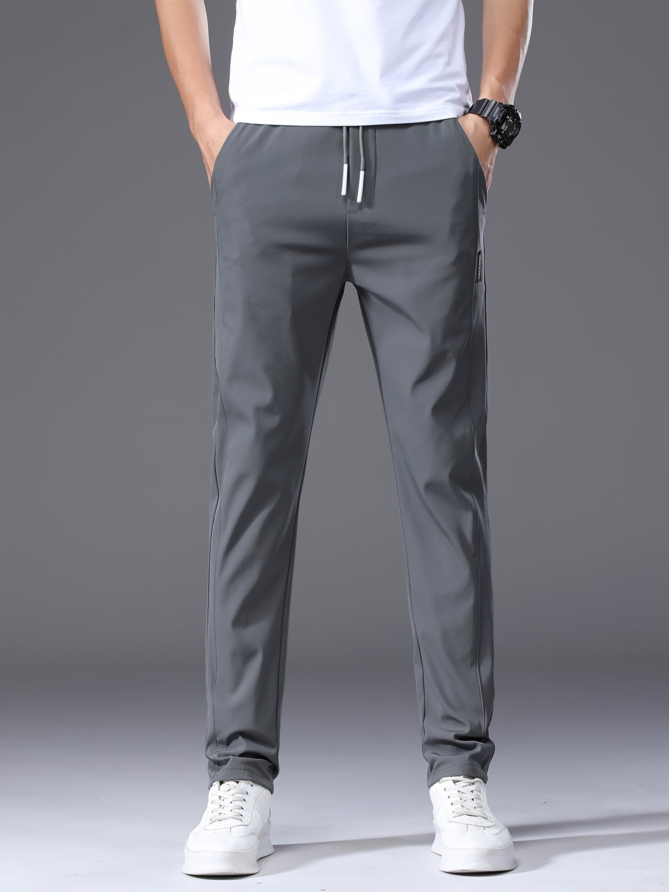 Men's Summer Casual Pants - Lightweight Stretch Nylon, Elastic Drawstring Waist, Straight Fit, Solid Black Trousers for Casual Attire, Adjustable Comfort Pants|Relaxed Look|Glossy Finish