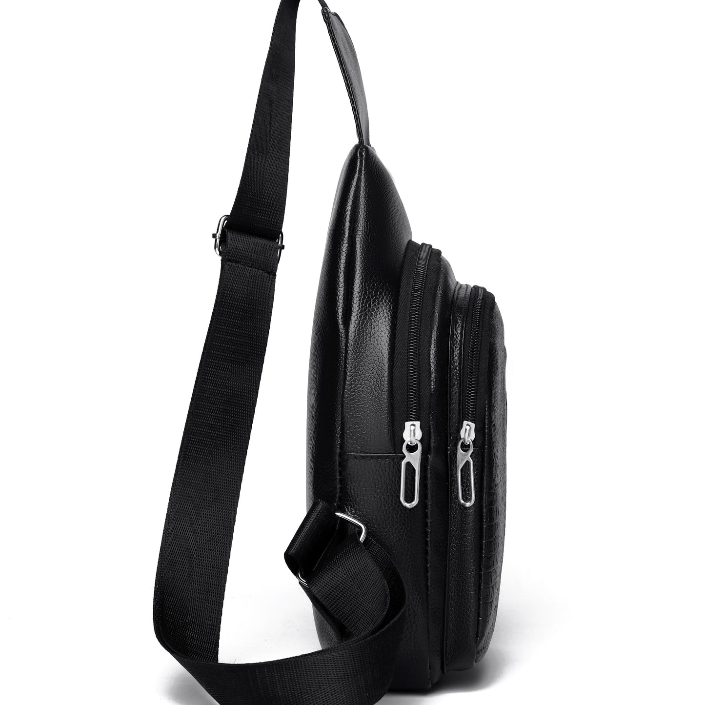 Men's Stylish Black PU Leather Sling Bag - Large Capacity Lightweight Crossbody Chest Pack with Embossed Design & External Earphone Hole for Casual Outings, Crossbody Bag