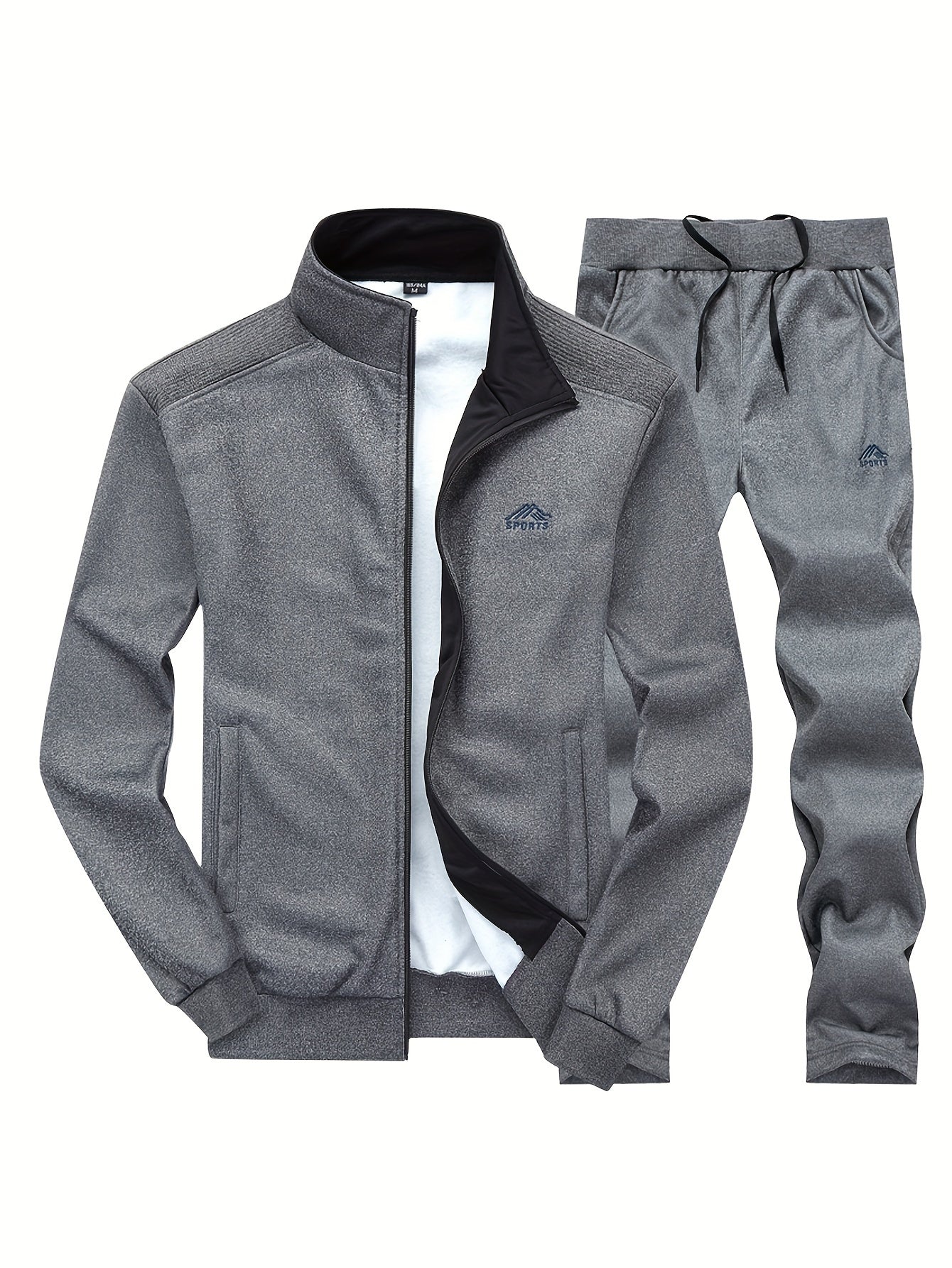 Men'S Casual Sportswear Set - Black Zip-Up Jacket & Pants with White Logo, Regular Fit, Spring/Fall Collection, Non-Stretch Fabric, Casual Attire|Zipup Jacket|Pants with Logo, Sweater Pants