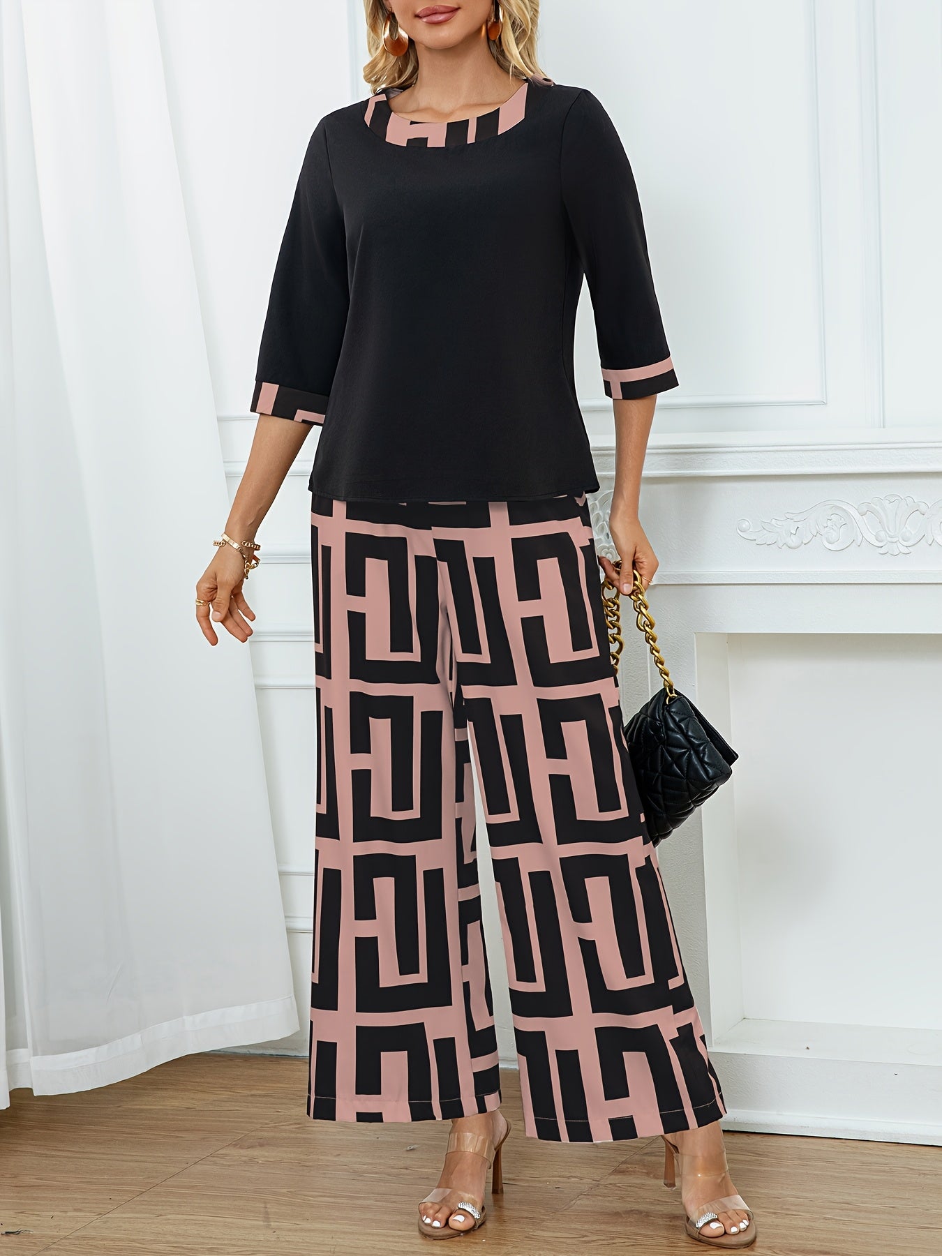 Women's Elegant Spliced Round Neck Top + Geometric Print Wide-Leg Pants Two-Piece Set