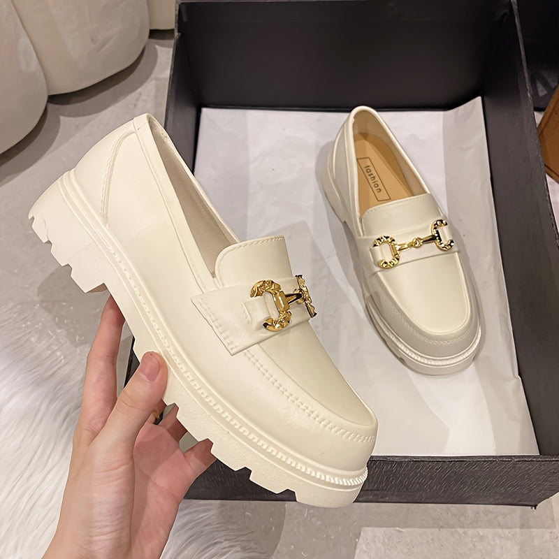 Women's Summer Fashion Loafers - Slip-On Platform Shoes with Metallic Buckle Decor, Round Toe, Cream/Black/Brown, Thick Sole TPU Material for Casual Outdoor Wear