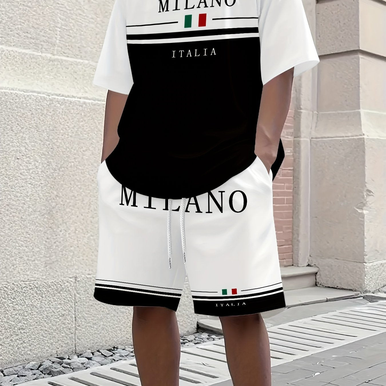 Men'S Casual "Milano Italia" Graphic Tee & Shorts Set - Black & White, Breathable Summer Outfit with Drawstring Waist, Comfortable for Casual Attire, Casual Attire|Italianinspired Design|Stretchy Fabric