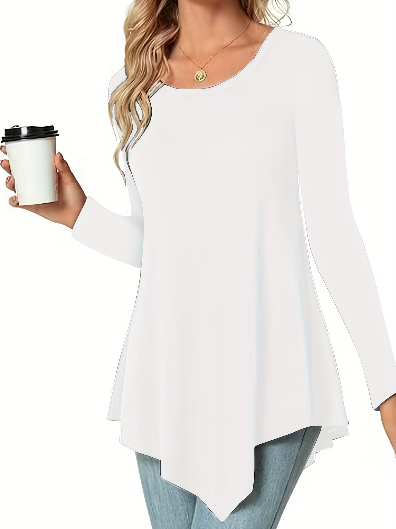 Women's Casual Long Sleeve Tunic Top, Polyester 95% Spandex 5% Knit Fabric, Solid Color Crew Neck Blouse for Spring/Summer/Fall, Spring Summer Blouse|Tunic Style|Solid Color Top
