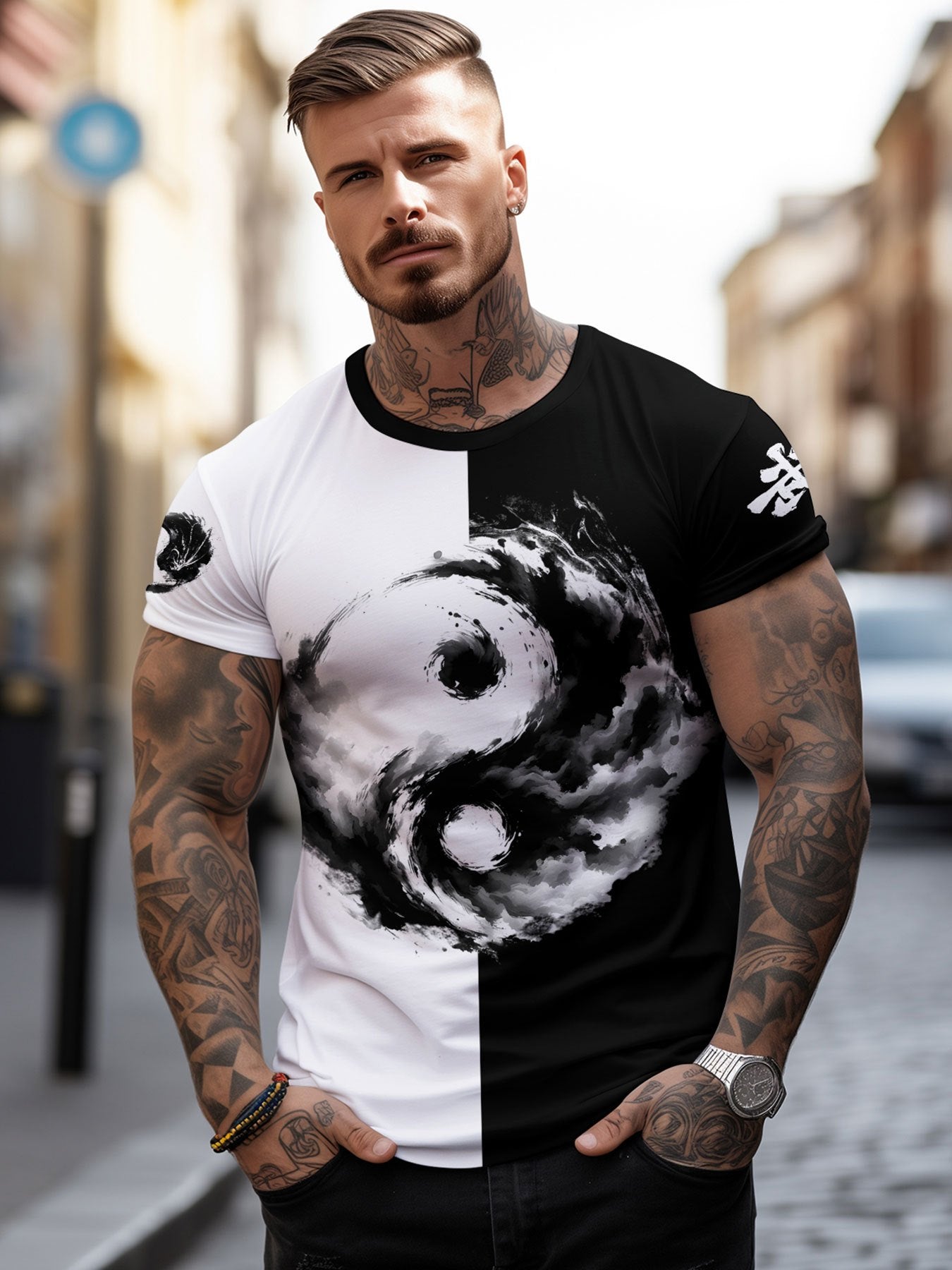 Men'S Yin Yang 3D Print T-Shirt - Casual Crew Neck Polyester Tee, Slight Stretch Knit Fabric, Regular Fit, 100% Polyester Fiber, 100g/m²