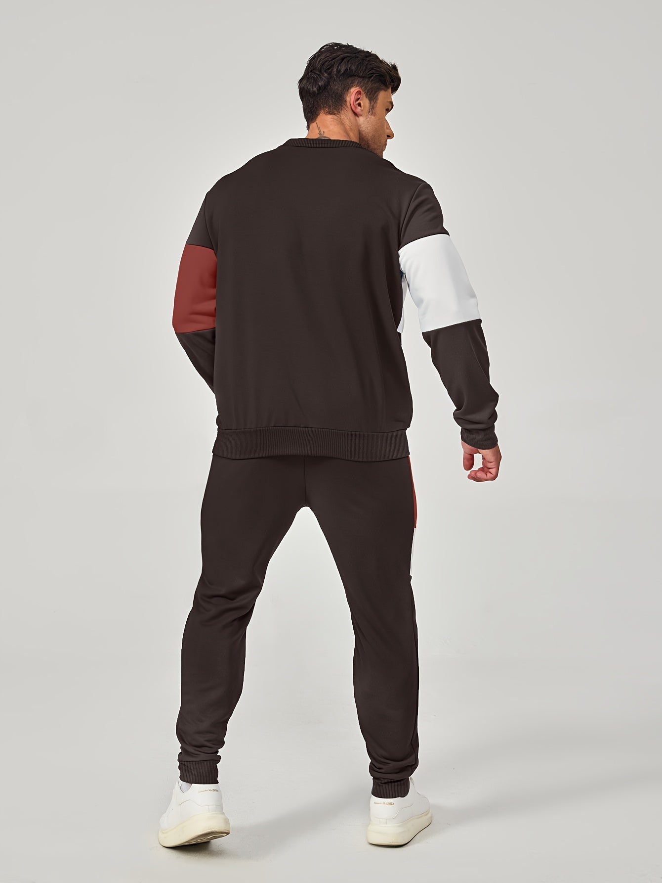 Men's Casual Crew Neck Sweatshirt & Joggers Set - Color Block, Polyester Blend, Machine Washable - Perfect for Spring/Fall, Leisure Style, Conventional Version, Spring/Autumn