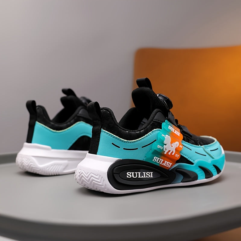 Kid's Trendy Colour Block Sneakers with Rotating Buckle, Comfy Non Slip Durable Shoes for Boy's & Girl's Outdoor Activities