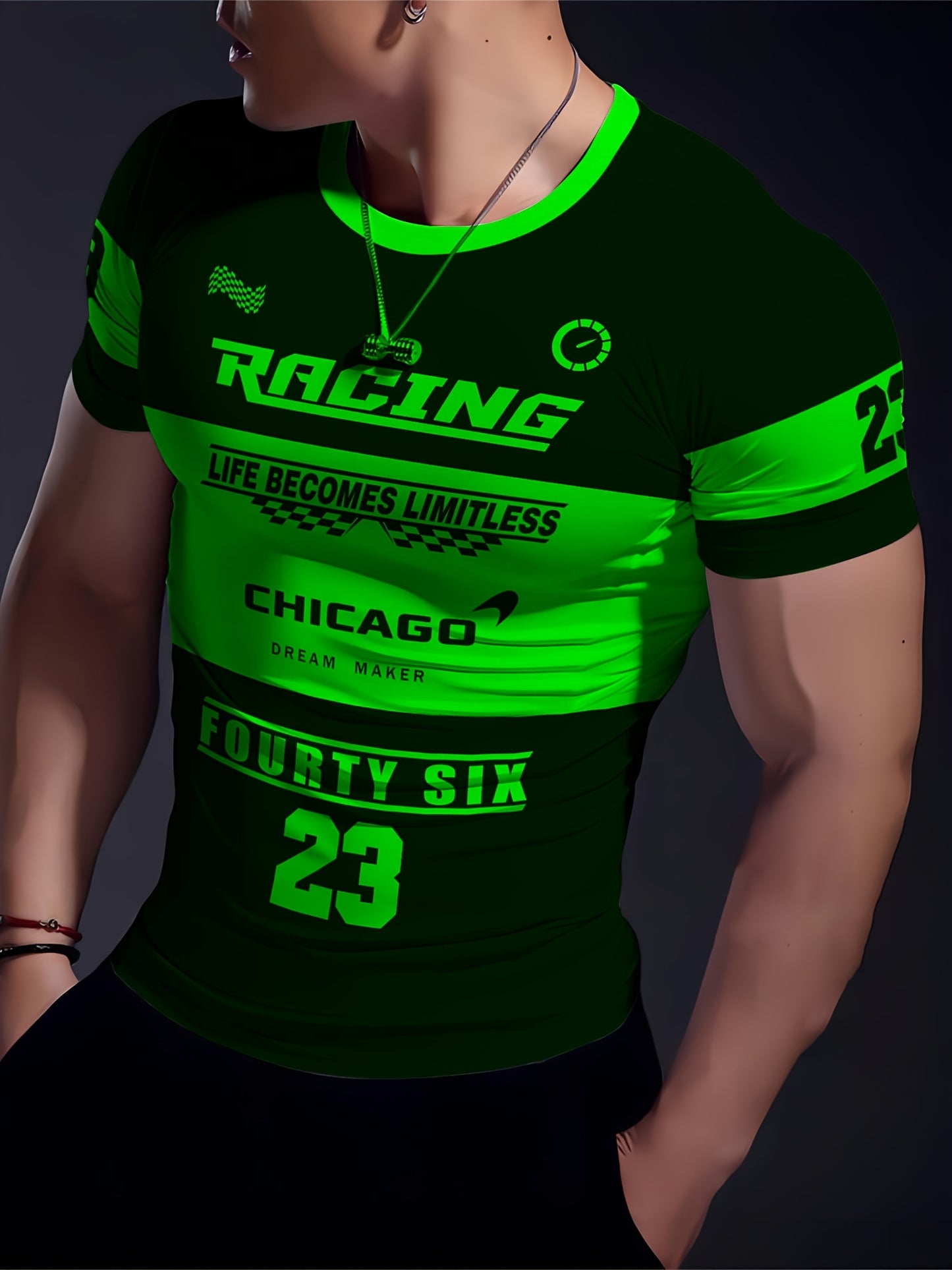 Men'S Racing Graphic T-Shirt - Bold Neon Green & Black Racing Car Design, Lightweight Breathable Fabric for Motorsport Events, Casual Streetwear - Chicago Dream Maker Inspired Casual Attire, Racing Jersey, Event Apparel, Spor