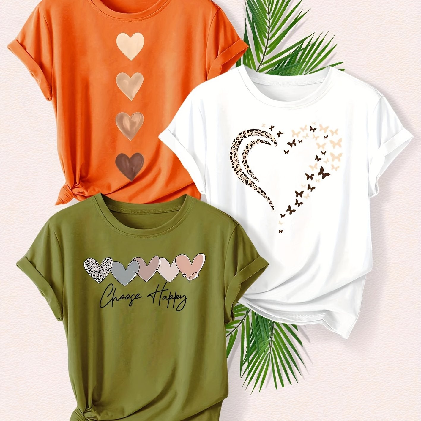 Leopard Print Small Butterfly Love Hearts in Pairs with English Letter Pattern Printed Fashion Retro Style Women's Spring, Autumn and Winter Casual Sports Top Round Neck Short Sleeve T-shirt 3pcs Combination Pack Family Pack