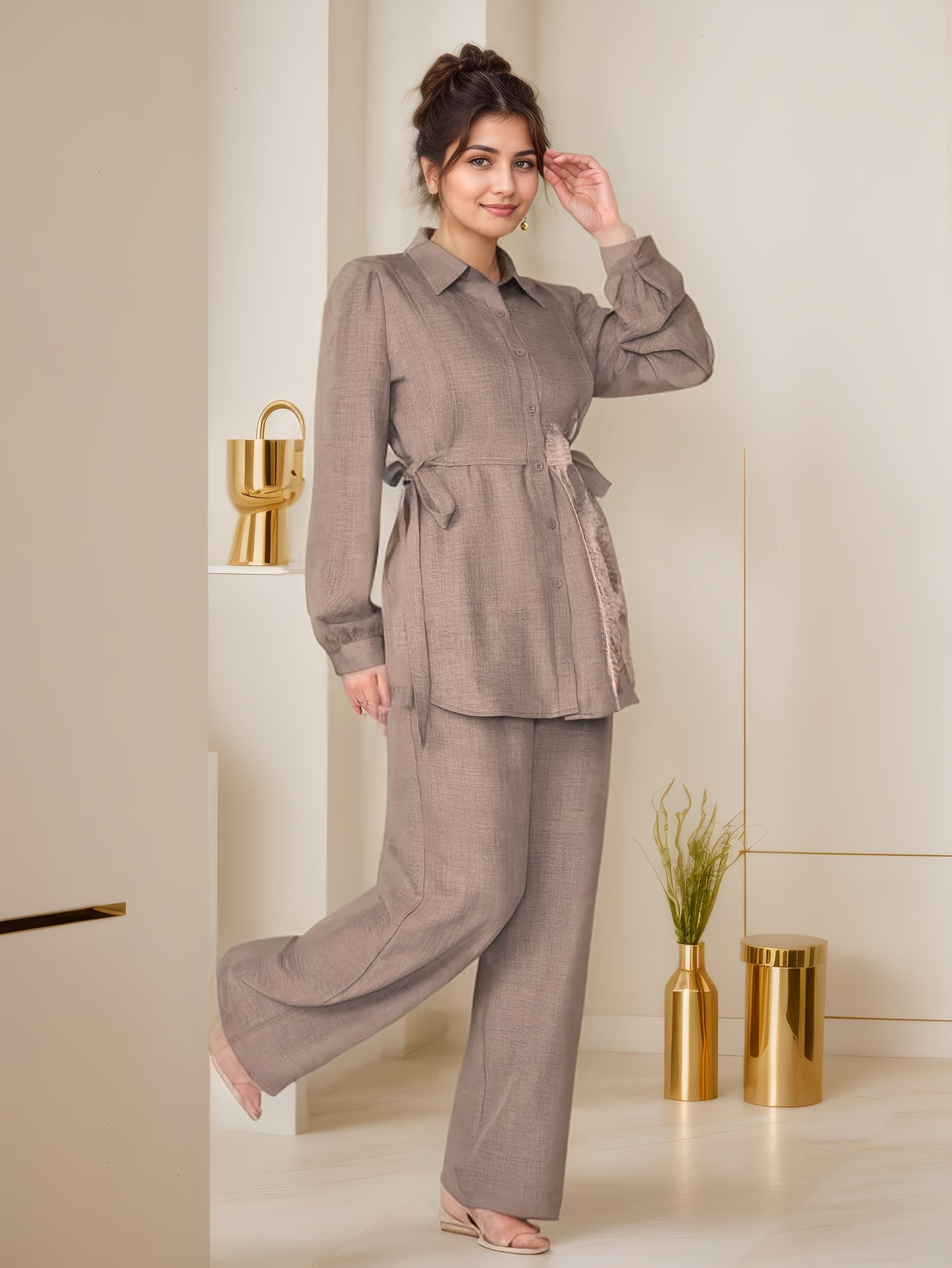 Two-Piece Abaya Set with Wide-Leg Pants, Long Sleeve Design with Back Tie, Suitable for Office and Daily Wear, Soft and Stretchable Fabric, Elegant Middle Eastern Style, Comfortable, Machine Washable, Practical and Stylish