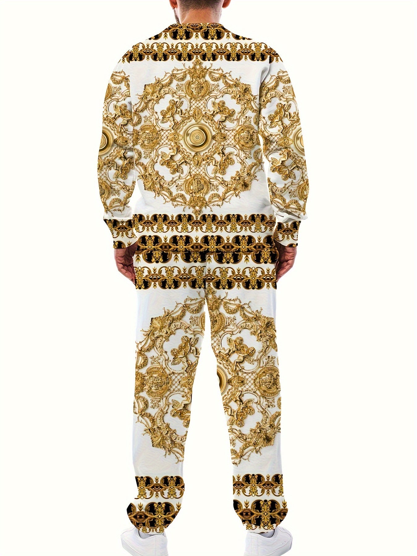 Luxury Golden Baroque Print Long Sleeve T-Shirt and Pants Set, Casual Spring/Fall Polyester Fiber, Full Print, Round Neck, Regular Fit