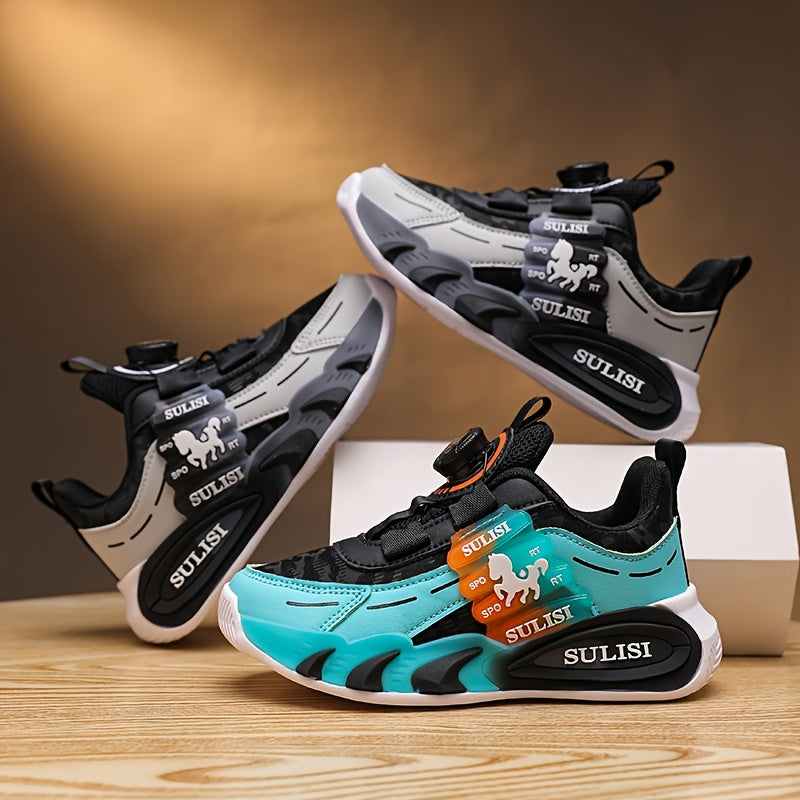 Kid's Trendy Colour Block Sneakers with Rotating Buckle, Comfy Non Slip Durable Shoes for Boy's & Girl's Outdoor Activities