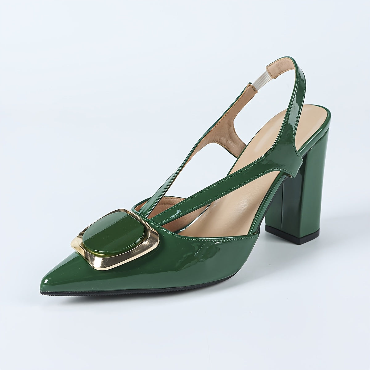 Elegant Green Pointed-Toe High Heels with Golden Buckle - Stylish Chunky Heel Pumps for Weddings, Parties & Formal Events, Synthetic Cover & TPU Sole, Summer Women'S Footwear