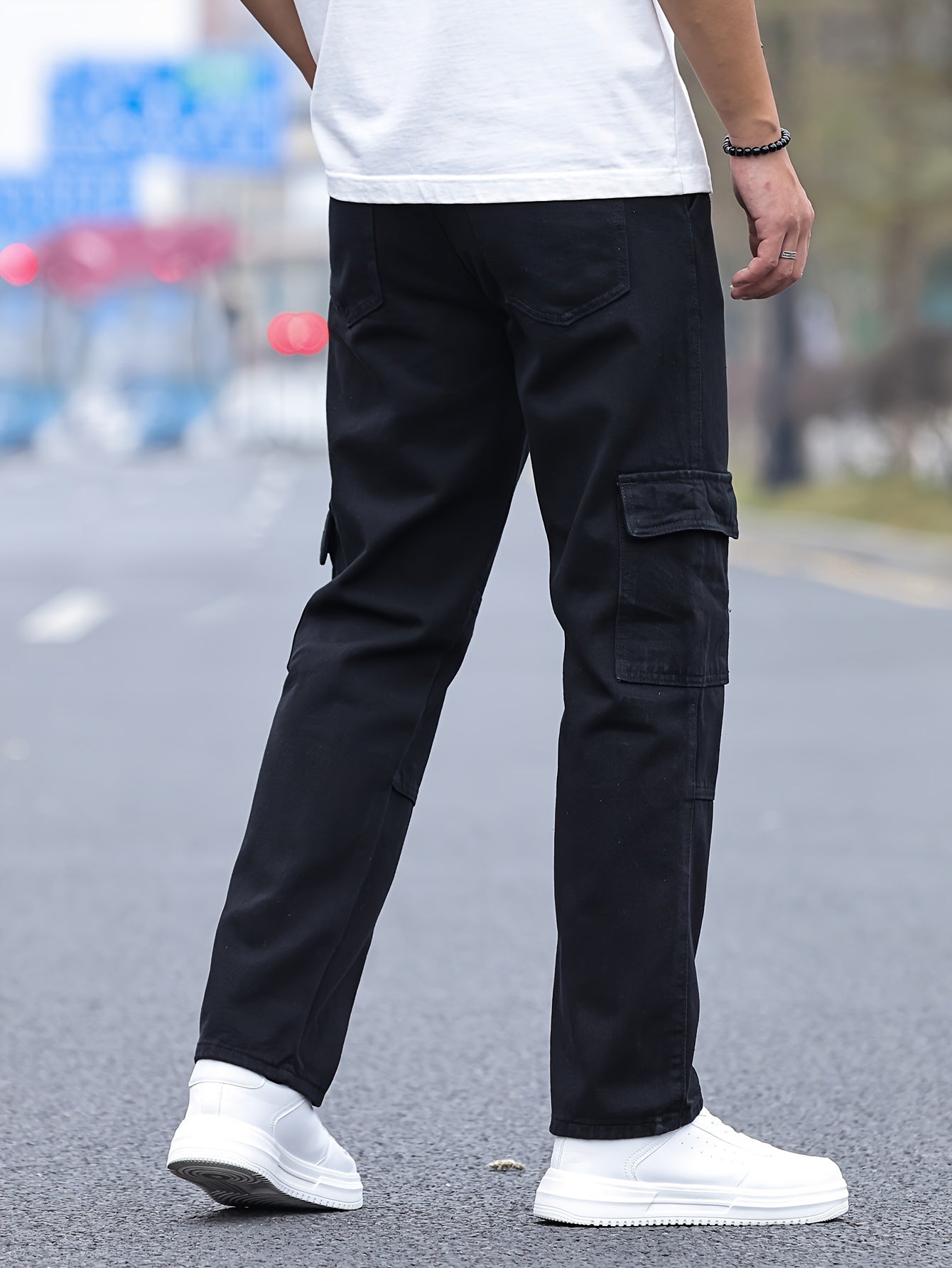 Loose Cotton Blend Men's Solid Wide Leg Pants, Men's Casual Denim Pants, All Seasons