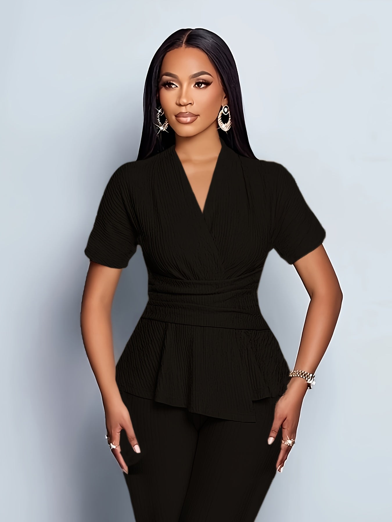 Women'S Elegant Casual Solid Color Textured Jumpsuit - Stylish Short Sleeve Top & Wide-Leg Pants, Perfect for All Seasons, Casual Attire|Textured Jumpsuit|Casual Style