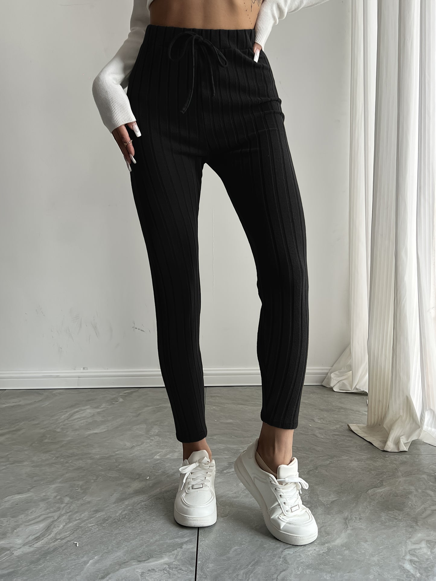High-Waisted Drawstring Skinny Knitted Pants For Everyday Wear - Solid Color Women's Casual Clothing