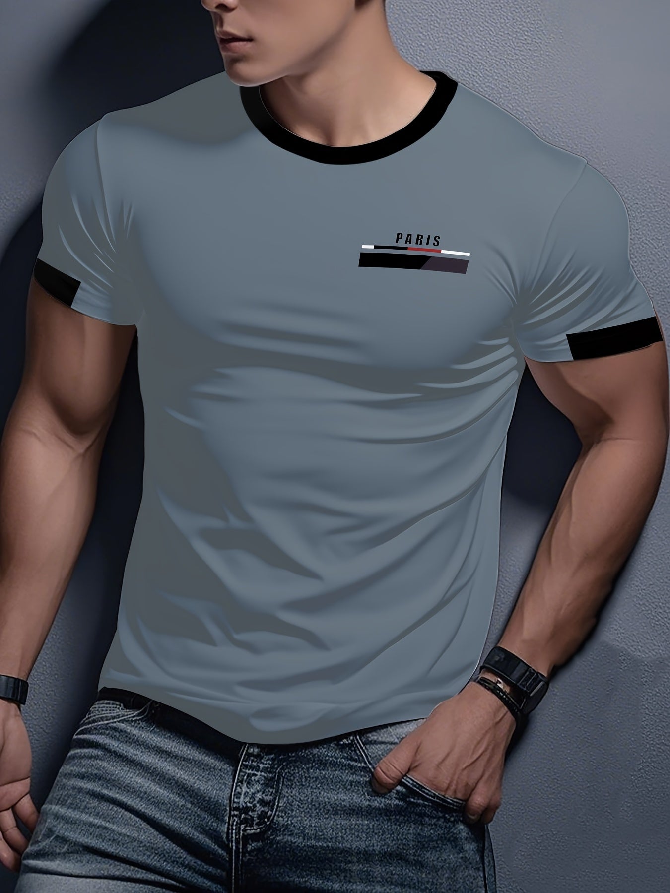 Men'S Paris Graphic T-Shirt - Green Polyester Crew Neck Tee with White Stripes & Print - Casual Sporty Knit Top for Casual Attire, Breathable Fabric