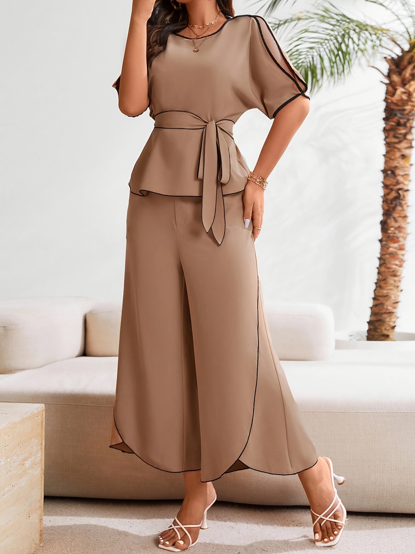New Stylish and Elegant Solid Color Short-Sleeve Shirt Pants Set for Women