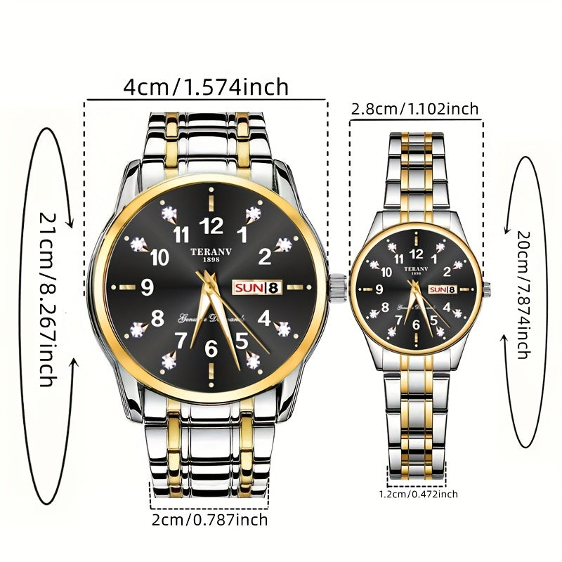 Two Stylish Digital Round Dial Couple'S Quartz Watches - IPX7 Waterproof, Luminous, Dual Calendar, Date and Day/Week Display, Alloy Strap Business Watches, Suitable for Women and Men, Valentine'S Day Gift Wristwatches