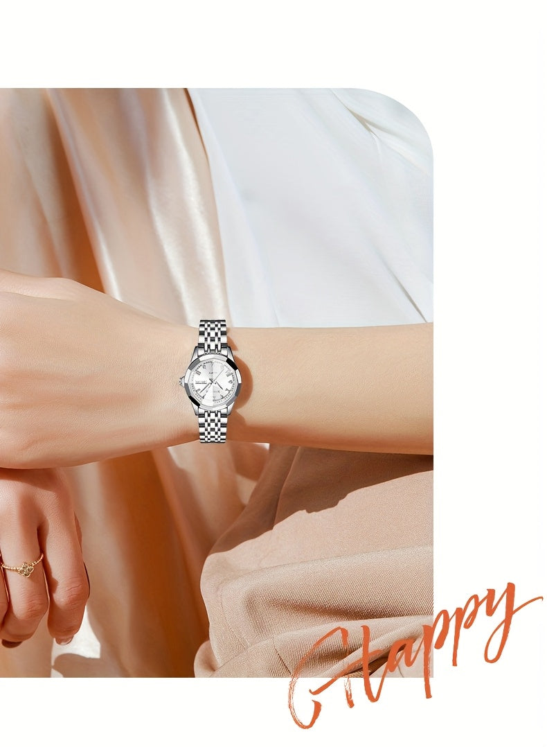 DEDIMA Women'S Luxury Stainless Steel Watch - Elegant Rhombus Design with Roman Numerals, Double Calendar, and Multifunctional Steel Strap