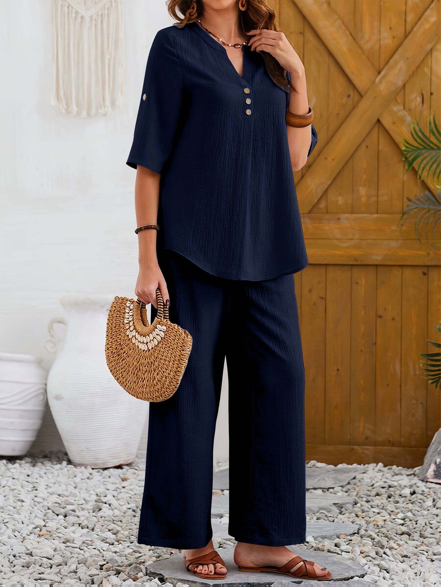 Women'S Large Size Elegant Wide Leg Pants Short Sleeve Top Set with Fake Buttons, YUKIWI