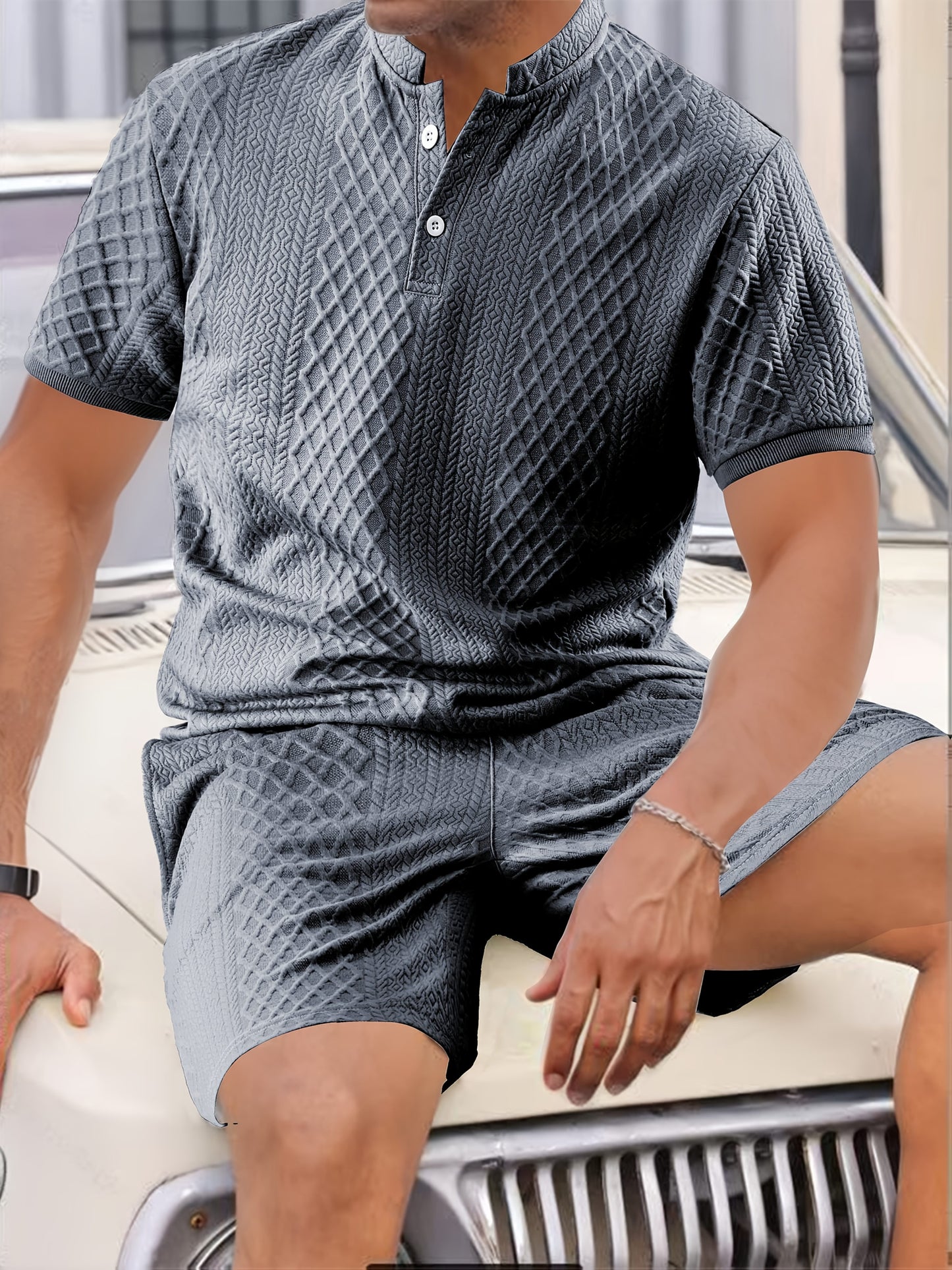 Two-Piece Set, Men'S Summer Outfit, Jacquard Set, Round Neck Short Sleeve, Drawstring Shorts, High Weight Fabric, Casual Ensemble.