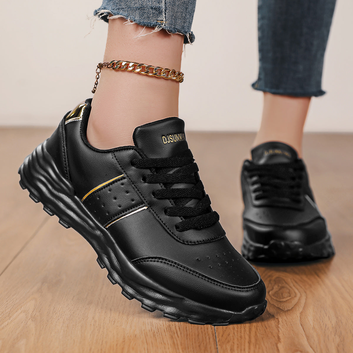 DJSUNNYMIX Women's Casual Running Shoes with Golden Glitter Accents - Lightweight EVA Sole, Breathable Fabric Lining, Low-Top Lace-Up Design for All-Season Comfort & Style, Sporty Footwear | Flexible Footwear