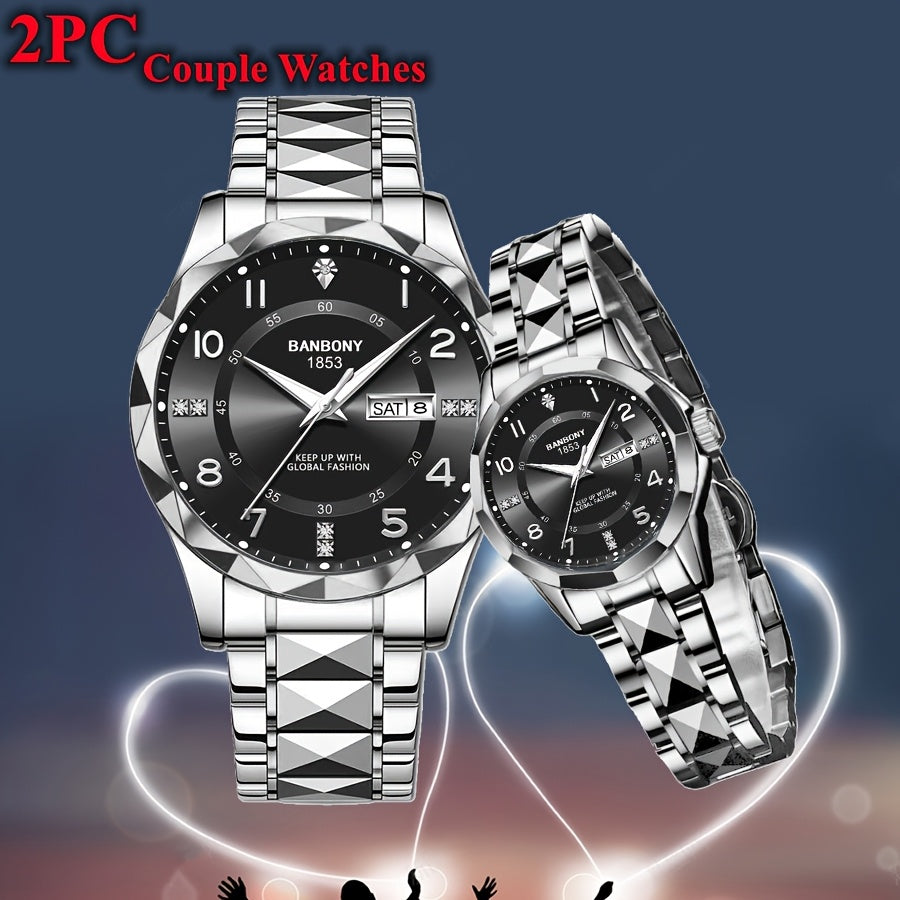 2pcs BNDBONY Brand Men And Women Couples Quartz Watch Stainless Steel Strap Scratch-Resistant Wear Luminous Pointer Digital Simple Hd Disc IPX7 Waterproof Fashion Multifunctional Couples Watch Holiday Couples Lover Birthday G