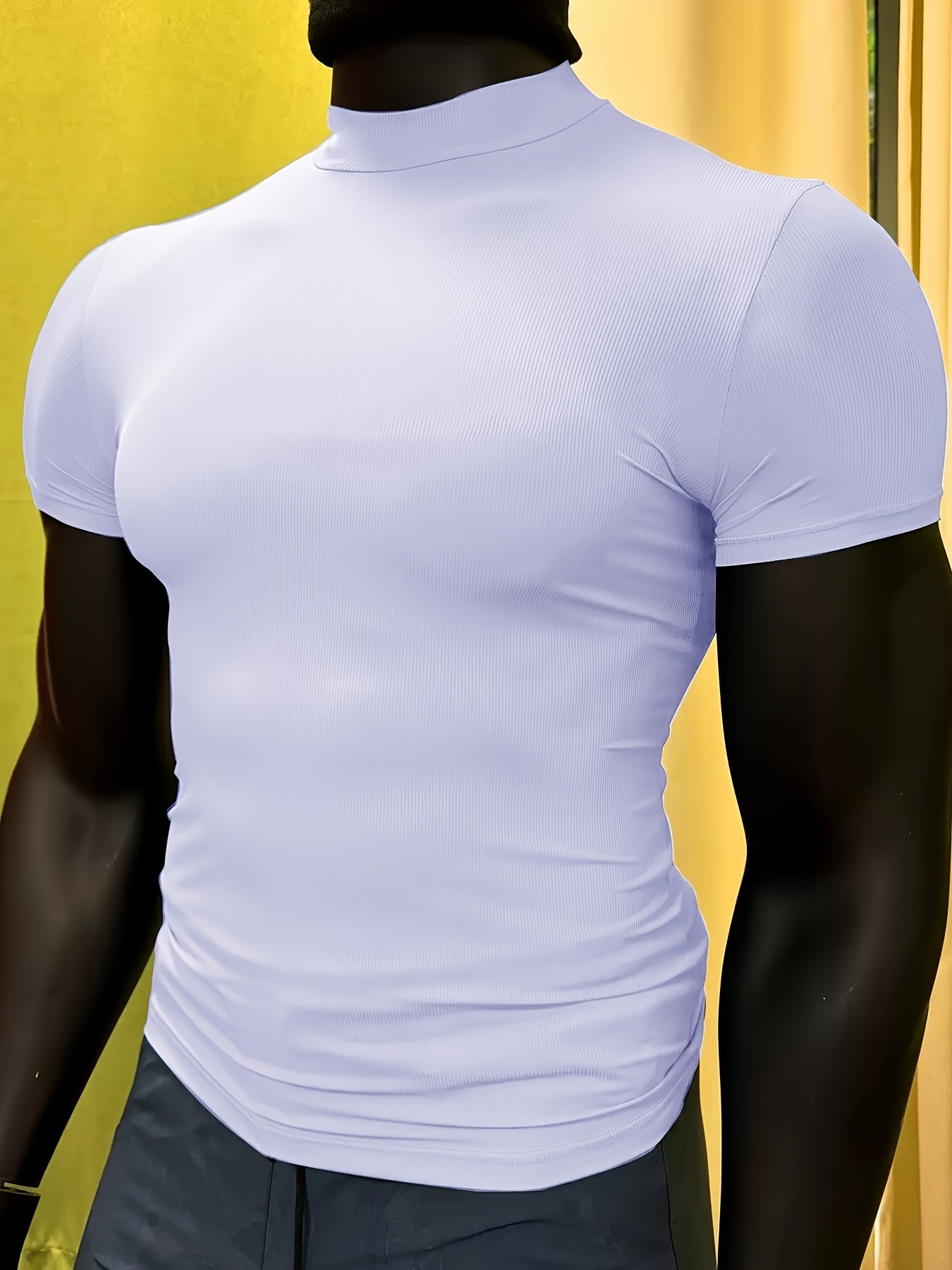 Men'S White Short Sleeve T-Shirt - Stretchy, Moisture-Wicking, Round Neck, Casual Fitness Wear for Summer, Sporty Style, Sportswear Tee | Sporty Neckline | Stretchy Fabric