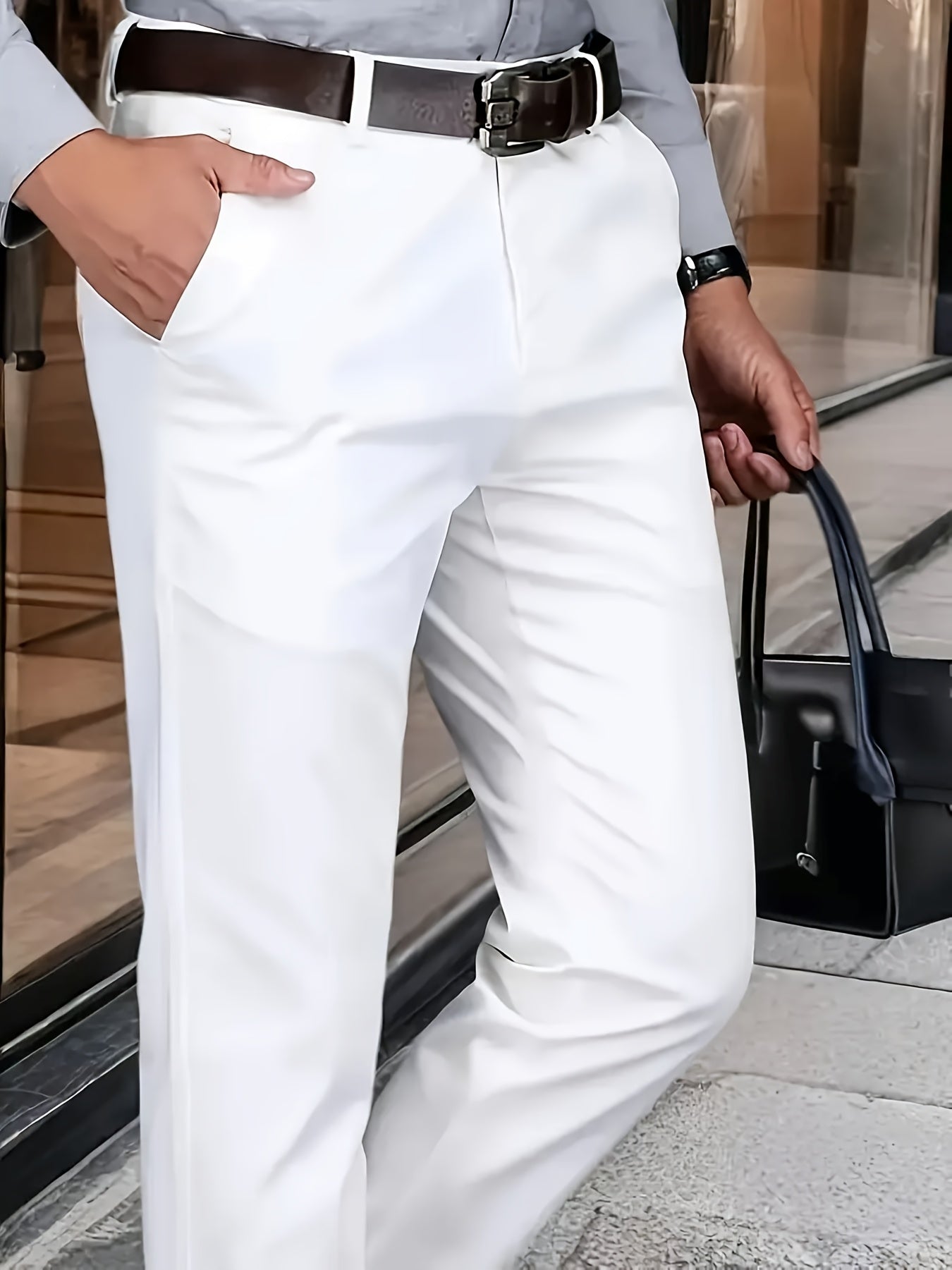 Men's Classic Business Dress Pants, Solid Color Casual Trousers, 100% Polyester, Regular Fit, with Zipper Fly, for Daily Wear and Gifting, All-Season, Allseason Trousers | Notch Lapel Design | Polyester Trousers