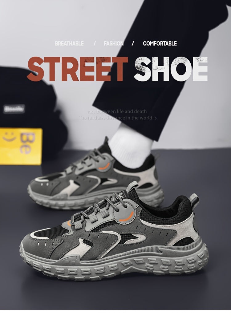 Men's Trendy Chunky Sneakers - Breathable Mesh & PU Upper, Durable PVC Sole, Lace-Up Casual Sneakers in Gray, Black & Orange, All-Season Comfort for Casual Attire