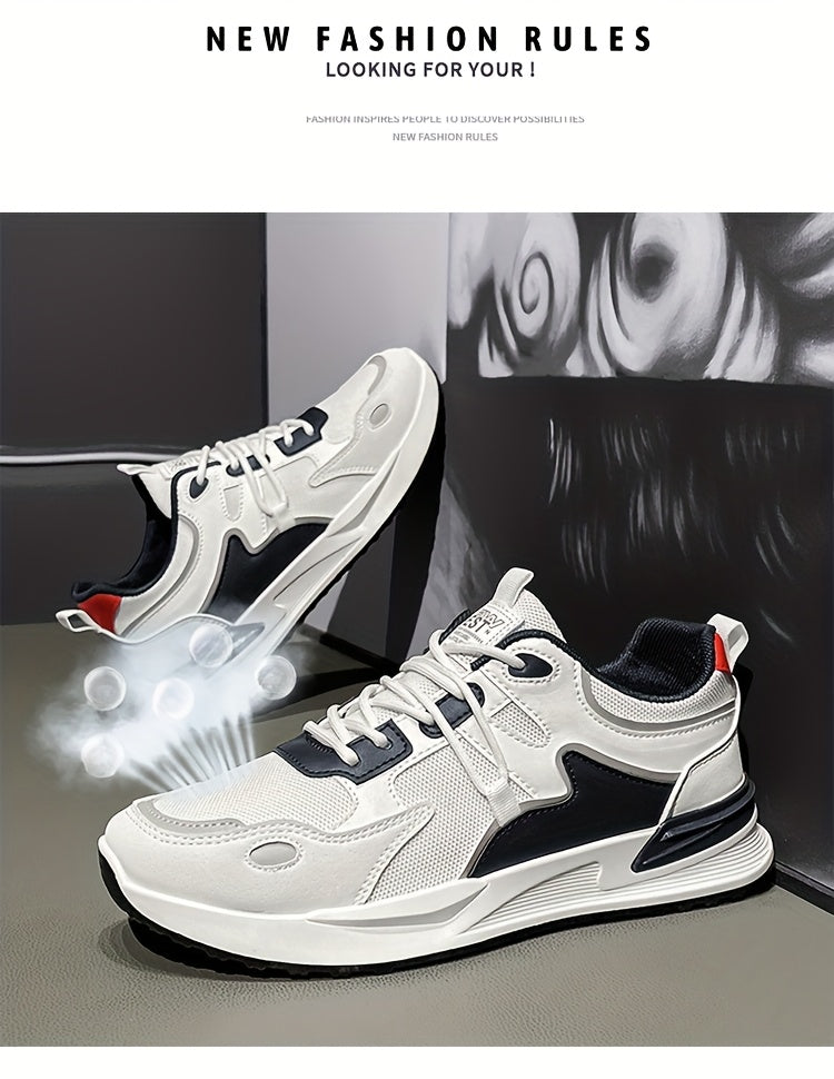 Men's Plus Size Breathable Mesh Casual Sneakers - Low-Top Lace-Up Walking Shoes with Cushioned PVC Sole, All-Season Outdoor & Daily Wear in White/Navy/Red Accents, Outdoor Footwear | Modern Sneakers | Durable Fabric Shoes