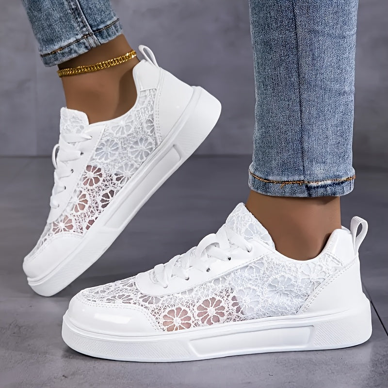 Women'S Elegant Lace Sneakers - Breathable Fabric Upper, White with Floral Pattern, Lightweight & Soft Sole, Durable EVA, Perfect for Daily Work, Sports, Summer Outings & Vacations, Casual Footwear | Elegant Sneaker | Comfort