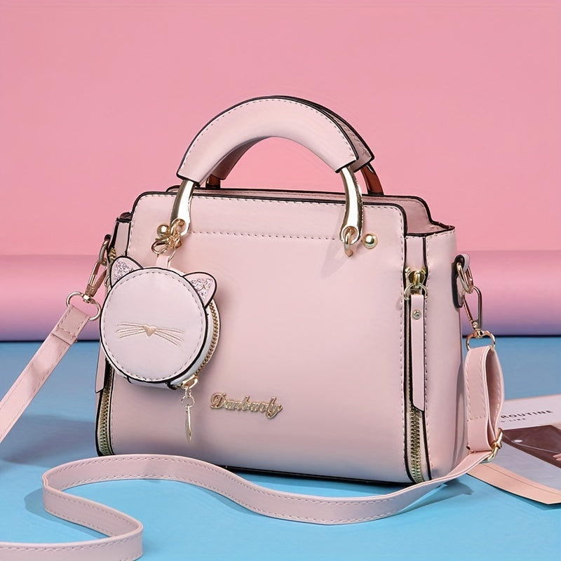 Women'S Fashion 2023 Embroidered Cat Design Messenger Bag, Removable Strap, Zipper Closure, Polyester Lined, Casual Shoulder Handbag with Edge Paint Detail