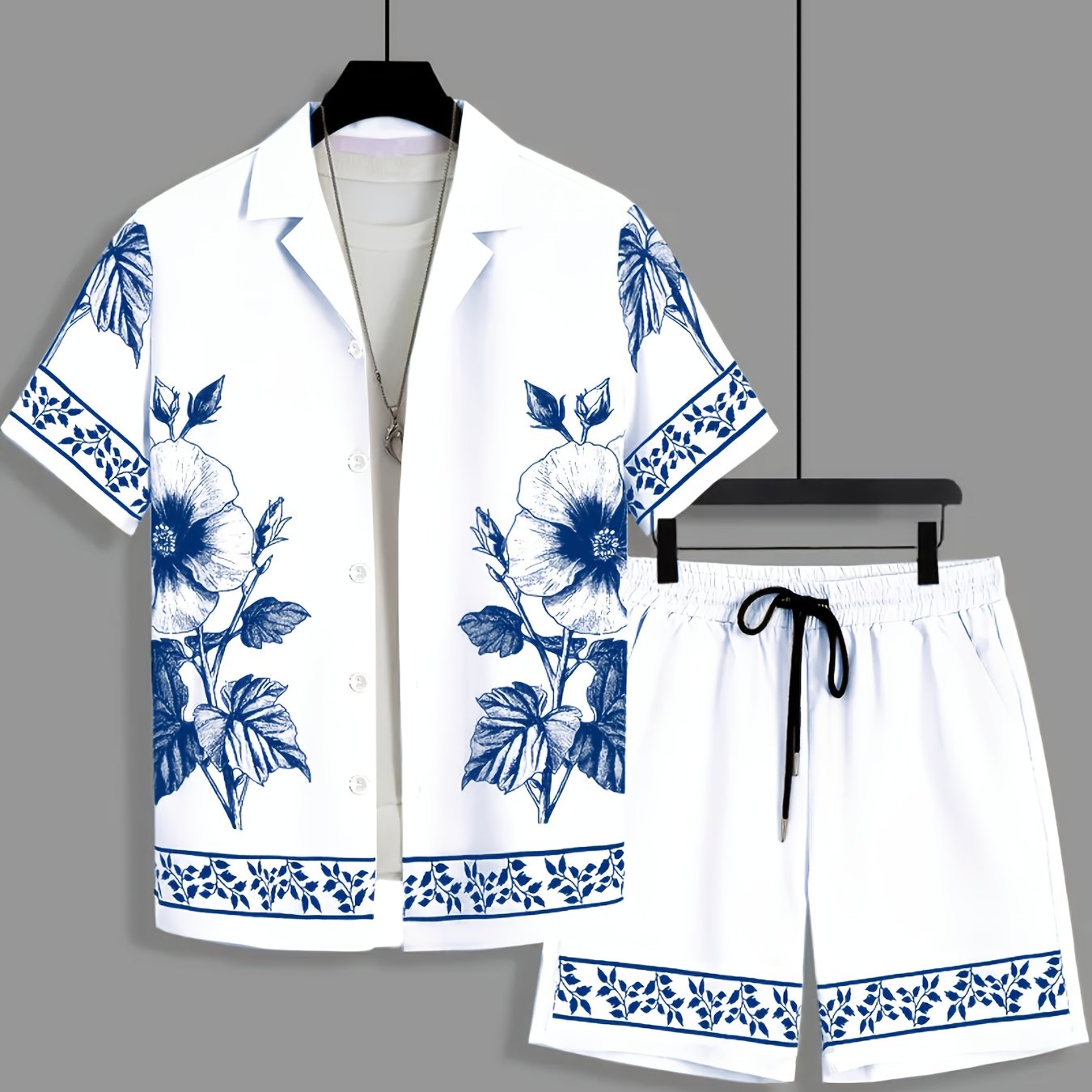 Men'S Two Sets Summer Print Short-Sleeved Shirts + Drawstring Sports Shorts Sets Suitable for Casual Hawaiian Vacation Sports Wea
